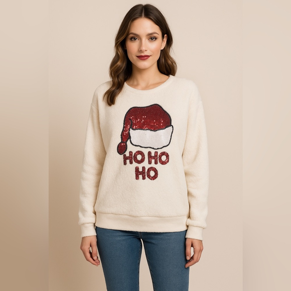 Weekending Sherpa Holiday Sweatshirt | HO HO HO Sequin Santa | NWT Size Large
